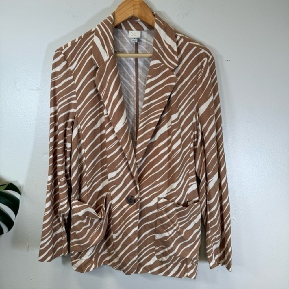 linen blazer jacket cream brown print jacket medium A NEW DAY SP225
